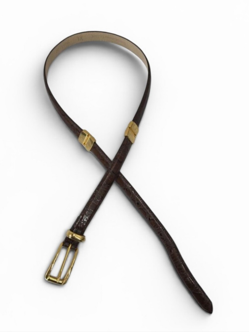 Vintage Italian Calfskin Brown Croc-Embossed Leather Belt with Gold Hardware